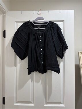 Fifteen Twenty Women’s Small Black Button-Front Peasant Top Linen Rayon Blend